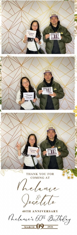 Photo strip of the two Photograb Booth founders posing with prop signs in front of a white and gold geometric backdrop